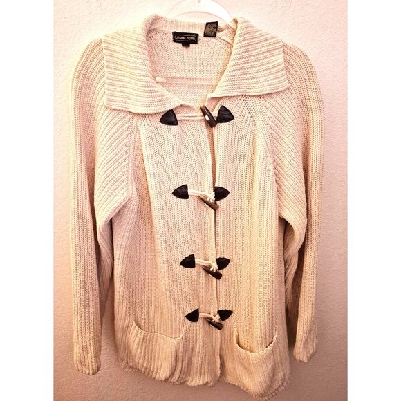 Jeanne Pierre Cream Chunky Knit Raglan Sleeve Cardigan Toggle Closures XL EUC - Picture 1 of 8